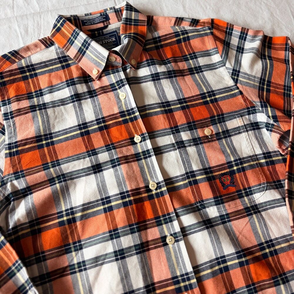 Panhandle Slim Rough Stock Mens Plaid Button Down Shirt Medium Orange Navy White